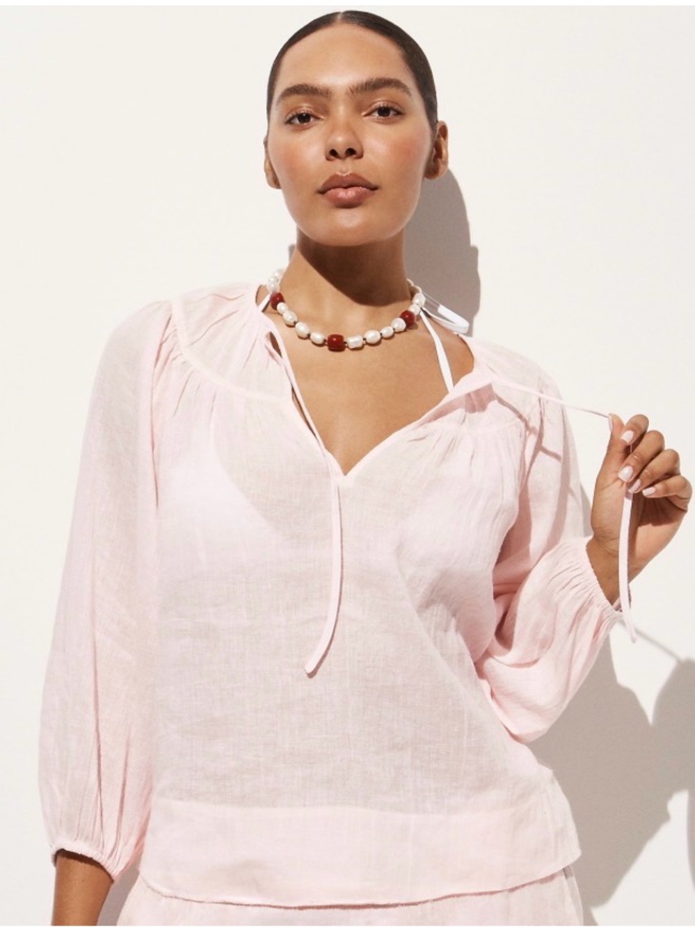 Light Pink Women’s V-Neck Tie Front Blouse